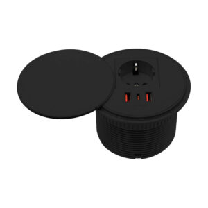 پریز برق چرخشی با روکش چرمی مدل SwifWall با رنگ مشکی دارای یک سوکت  برق G  دو پورت USB3 و یک پورت USB C