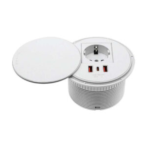پریز برق چرخشی با روکش چرمی مدل SwifWall با رنگ سفید دارای یک سوکت  برق G  دو پورت USB3 و یک پورت USB C